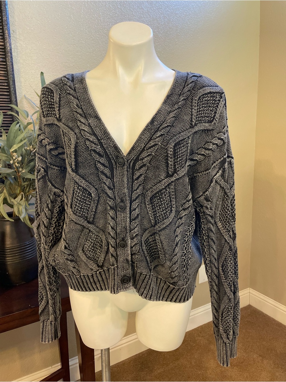 Lucky Brand Charcoal Cable Knit Button-Up Cardigan